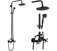 Matte Black Rain Shower System Set 2 Cross Knobs Mixing 8 Inch Rainfall Shower Head with Handheld Spray Bathroom Shower Faucet Wall Mounted