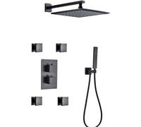 Matte Black Thermostatic Rain Shower Combo Set Wall Mounted Bathroom Faucet with Rainfall Shower Head, Handheld Sprayer & Body Jets for Ultimate Spa Experience LWX
