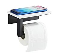 Matte Black Toilet Paper Holder with Shelf, 304 Stainless Steel Screw Wall Mounted, Marble Tissue Roll Holder with Storage