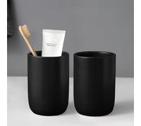 Matte Black Toothbrush Holders for Bathrooms - 2 Cups Ceramic Toothbrush Toothpaste Holders Set, Black Bathroom Tumbler Cups Reusable Toothbrush Cup Black Mouthwash Cup, Bathroom Counter Organizer