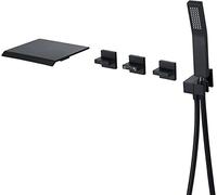 Matte Black Wall Mounted Waterfall Tub Filler with Handheld Shower 3 Handle Brass Taps for Hot & Cold Water Contemporary Bathroom Design