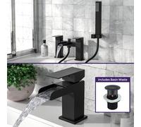 Matte Black Waterfall Basin Sink Mono Tap & Bath Shower Mixer With Handset Kit & Waste