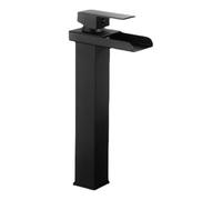 Matte Black Waterfall Bathroom Faucet, Square Tall Single Handle Basin Mixer Tap for Countertop Sink, Hot and Cold Water Supply