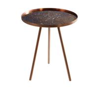 Matte Copper Weathered Side Table with Round Antique Glass Top and Splayed Legs,