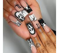 Matte Ghost White Halloween Press On Nails With Nude Beige Base - Long Coffin Shape 24pc Kit Featuring Black And White Spiderweb Skull And Stitched Pumpkin Designs For Themed Events And Seasonal