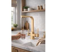 Matte Gold Kitchen Sink Faucet, Square Design, Brass Construction, Three-Way Filtration, Swivel Spout for Modern Kitchens - Matte Gold, One Size