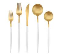 Matte Gold Silverware Set with white handle, Bysta 5-Piece Stainless Steel Flatware Set, Kitchen Utensil Set Service for 1, Tableware Cutlery Set for Home and Restaurant, Satin Finish, Dishwasher Safe