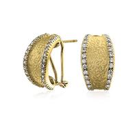 Matte Hammered Curved Half Hoop Earrings For Women Cubic Zirconia Pave Edge CZ Accent Gold Plated Stabilizing Omega Clip