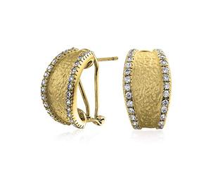 Matte Hammered Curved Half Hoop Earrings For Women Cubic Zirconia Pave Edge CZ Accent Gold Plated Stabilizing Omega Clip