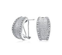 Matte Hammered Shrimp Half Hoop Earrings For Women Cubic Zirconia Pave Edge CZ Accent Silver Plated Stabilizing Omega Clip