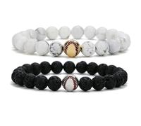 Matte Lava Rock Beaded Couple Bracelet 2PCS Set for Women Men Black White Pine Stone Handmade Howlite Natural Volcanic Stones Matching Sports Ball Beads Elastic Stretch Friendship Coach Jewelry, One