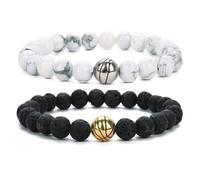 Matte Lava Rock Beaded Couple Bracelet 2PCS Set for Women Men Black White Pine Stone Handmade Howlite Natural Volcanic Stones Matching Sports Ball Beads Elastic Stretch Friendship Coach Jewelry, One