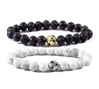 Matte Lava Rock Beaded Couple Bracelet 2PCS Set for Women Men Black White Pine Stone Handmade Howlite Natural Volcanic Stones Matching Sports Ball Beads Elastic Stretch Friendship Coach Jewelry, One