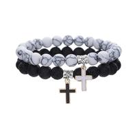 Matte Lava Rock Beaded Couple Bracelet Set for Women Men Black White 8mm Howlite Natural Volcanic Stone Matching Beads Elastic Cross Pendant Stretch Bracelets Religion Charm Friendship BFF Jewelry