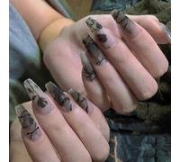 Matte Long Coffin Press On Nails Nude Ballerina Fake Nails With Black Rose Pattern Design Acrylic Full Cover Artificial Nail Tips For Womengirls Mani