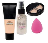 Matte + Poreless Liquid Foundation + Oil-Control Compact Powder + Spray Primer | 12Hr Fresh Matte Look | Shine-Free Base Combo | Set of 3