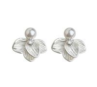 Matte Silver Leaf Vein Pearl Diamond Earrings for Women, Layered Petals with Pearl Center, Modern Minimalist Style for Daily Office