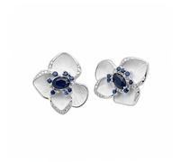Matte Silver Sapphire Four Petal Flower Stud Earrings for Women, Elegant Vintage Luxury Style, for Daily Business Wedding Guest Formal Attire