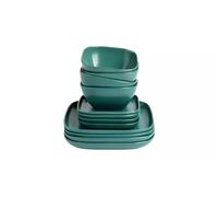 Matte Square 12 Piece Stoneware Dinner Set Teal Dinnerware Set for 4, Modern Square Plates & Bowls, Dishwasher & Microwave Safe