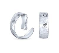 Matte Textured Large Wide Clip On Hammered Hoop Earrings For Women Teens .925 Sterling Silver Clip Non Pierced Ears
