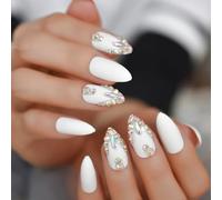 Matte White Press On Nails - Crystal Frosted Finish Design Fake False Nails Handmade Rhinestones Deco Press ons Nail