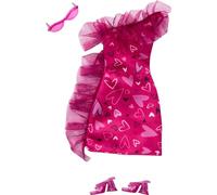 Mattel - Barbie Doll Clothes - Pack 1 - Heart Print Ruffle Evening Dress, Glasses, Pink Heels, Versatile Clothes - Party