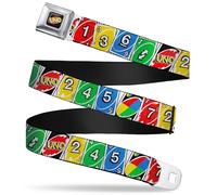 Mattel Belt, Seatbelt Buckle Belt, UNO Cards Lineup Stack Multi Color, Adjustable, Multicolor, 1.5" Wide - Fits Pant Size 32-52