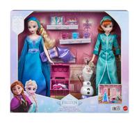 Mattel Disney Frozen Toys, Anna & Elsa Fashion Dolls in Royal Fitting Nightgowns & Slippers with Olaf Figure & 12 Accessories, Slumber Sister Set, JML08