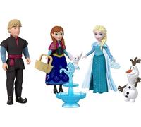 Mattel Disney Frozen Toys, Small Doll 4-Pack with Anna, Elsa, Kristoff & Olaf, Plus Fountain and 3 Storytelling Accessories, Inspired by Movie, JJP89