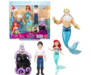Mattel Disney Princess Ariel Set of 4 Small Dolls Inspired by Movie | Movie Character Set w/ Posable Small Dolls of Mermaid Ariel, Prince Eric, Ursula & King Triton, Plus Trident Accessory, JHG84