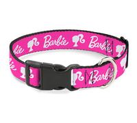 Mattel Dog Collar with Plastic Buckle, Quick Release, Easy Adjustable, Barbie Script Signature Logo and Silhouette Hot Pink White, 16 to 23 Inches 1.5 Inch Wide