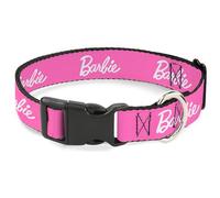 Mattel Dog Collar with Plastic Buckle, Quick Release, Easy Adjustable, Barbie Script Signature Logo Pink White, 15 to 24 Inches 1.0 Inch Wide