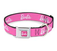Mattel Easy Adjustable Metal Seat Belt Buckle Quick Release Dog Collar, Barbie Script Signature Logo Pink White, 33 to 17 Inches 1.5 Inch Wide