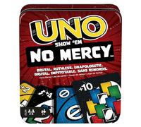 Mattel Games UNO No Mercy Card Game in Storage & Travel Tin for Kids, Adults & Family Night with Extra Cards, Special Rules & Tougher Penalties, HXT57