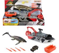 Mattel Jurassic World: Rebirth Matchbox Toy Car Playset, Jurassic World 12.5” Dino Boat with 13” Mosasaurus Dinosaur, 1:64 Die-Cast Jeep, Harpoon Missiles & Detachable Rescue Boat, JGG61