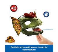 Jurassic World Dilophosaurus Role Play Mask with Venom Launchin Water Feature, Sound & Adjustable Frill, Dinosaur Costume Headgear Toy, HXF55