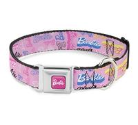 Mattel Pet Collar, Dog Collar Metal Seatbelt Buckle, Barbie Script Signature Collage Pink Multi Color, 11 to 16.5 Inches 1.0 Inch Wide