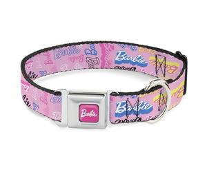 Mattel Pet Collar, Dog Collar Metal Seatbelt Buckle, Barbie Script Signature Collage Pink Multi Color, 20 to 31 Inches 1.5 Inch Wide