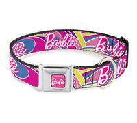 Mattel Pet Collar, Dog Collar Metal Seatbelt Buckle, Barbie Script Signature Logo Abstract Multi Color White, 16 to 23 Inches 1.5 Inch Wide