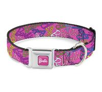 Mattel Pet Collar, Dog Collar Metal Seatbelt Buckle, Barbie Script Signature Scattered Pink Multi Color, 13 to 17 Inches 1.5 Inch Wide