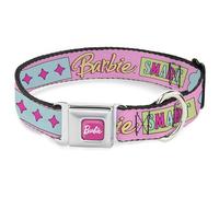 Mattel Pet Collar, Dog Collar Metal Seatbelt Buckle, Barbie Smart Beautiful Strong Icons Pink Multi Color, 16 to 23 Inches 1.5 Inch Wide