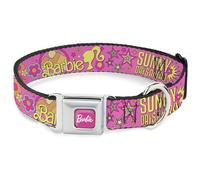 Mattel Pet Collar, Dog Collar Metal Seatbelt Buckle, Barbie Sunny Days Ahead Icons Collage Pink Multi Color, 13 to 17 Inches 1.5 Inch Wide