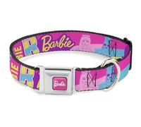 Mattel Pet Collar, Dog Collar Metal Seatbelt Buckle, Barbie Text and Dolls Collage Pinks Multi Color, 15 to 24 Inches 1.0 Inch Wide