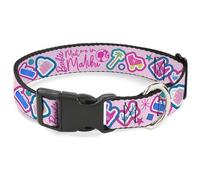 Mattel Pet Collar, Dog Collar Plastic Buckle, Barbie Meet Me in Malibu Icons Collage Pink Multi Color, 15 to 24 Inches 1.0 Inch Wide