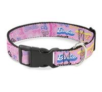 Mattel Pet Collar, Dog Collar Plastic Buckle, Barbie Script Signature Collage Pink Multi Color, 7 to 8.5 Inches 0.5 Inch Wide