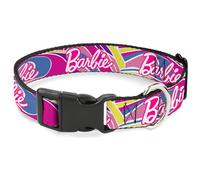 Mattel Pet Collar, Dog Collar Plastic Buckle, Barbie Script Signature Logo Abstract Multi Color White, 15 to 24 Inches 1.0 Inch Wide