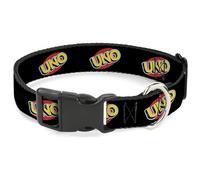 Mattel Pet Collar, Dog Collar Plastic Buckle, UNO Game Logo Black Red Yellow, 9.5 to 14.5 Inches 0.5 Inch Wide