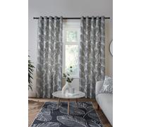 Fusion - Black & White Leaf Curtains W66 x L54 (168 x 137cm) - 2x Panels - 100% Cotton - White Eyelet Curtains with Leaves Print - Tropical Leaf Curtains and Drapes in White/Black - Matteo Collection