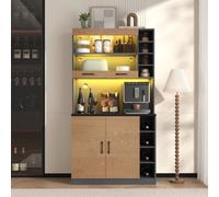 Matteo 100Cm Tall Kitchen Pantry Cabinet With Led Lighting & Microwave Space, Dark Grey & High Gloss White