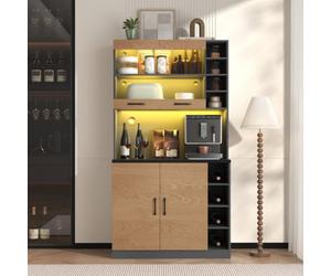 Matteo 100Cm Tall Kitchen Pantry Cabinet With Led Lighting & Microwave Space, Dark Grey & High Gloss White